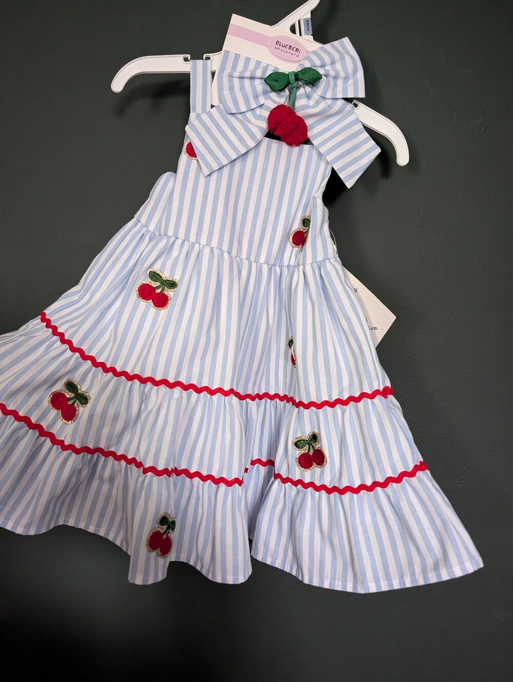 Blueberi Boulevard Blue Stripe Cherry Embroidered Girls' Dress